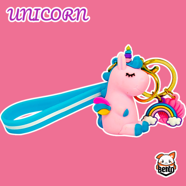 Bento Pastel Pink Unicorn Keychain with Rainbow Charm – Whimsical Silicone Strap - Image 3