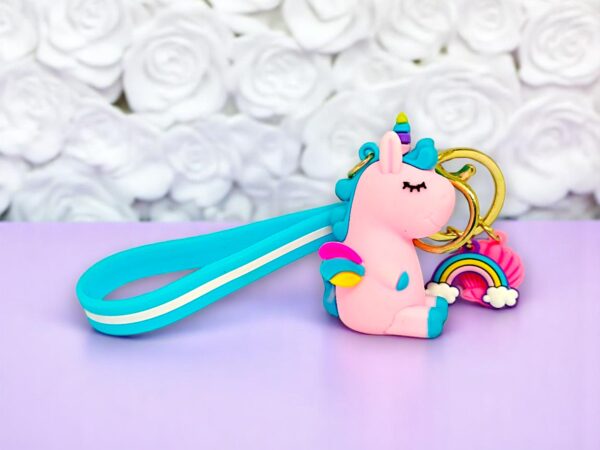 Bento Pastel Pink Unicorn Keychain with Rainbow Charm – Whimsical Silicone Strap - Image 2