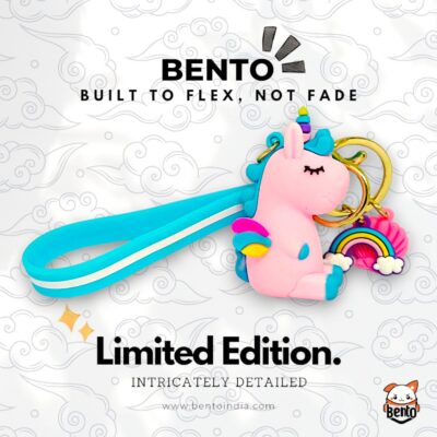Bento Pastel Pink Unicorn Keychain with Rainbow Charm – Whimsical Silicone Strap
