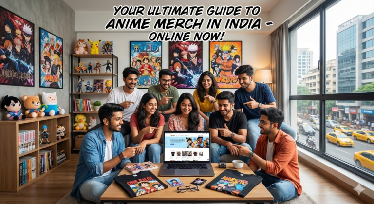 Group of Indian anime fans exploring anime merchandise online, including figures, posters, and collectibles from popular anime series in a modern living space.